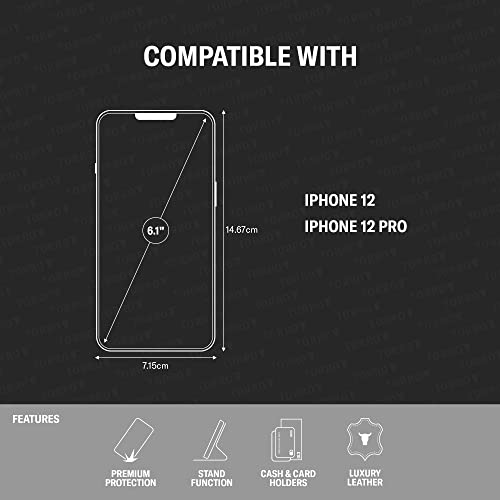 Torro Leather Case Compatible With Iphone 12 / Iphone 12 Pro – Genuine Leather Wallet Case/Cover With Card Holder And Stand Function (Black) #TOP1