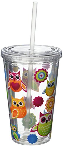 Owls 16 oz Double Walled Insulated Reusable Acrylic Cup with Straw