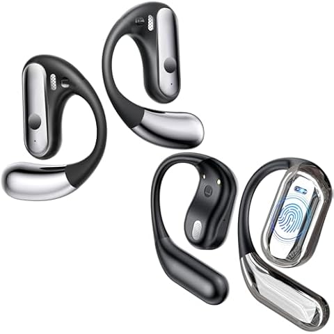 EUQQ Open Ear Bluetooth 5.4 Headphones, Wireless Earbuds Sport Over Earphones Built-in Mic with Ear Hooks 50H Playtime Ear Buds LED Display Charging Case, Waterproof Design for Running Fitness, Black Cover