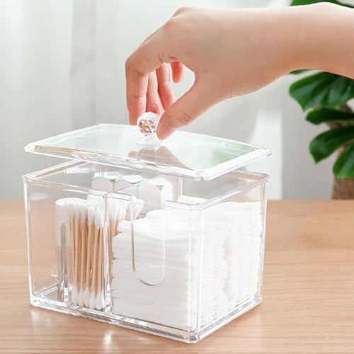 PRIME PICK Cotton Swab Holders, Acrylic Cotton Pad Holder, Qtip Holder with Lid, Rounds with 4-Grid, for Bathroom Canister Storage Organization, Vanity Makeup Organizer