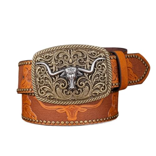 Ceinture pour jeans en cuir PU gaufré avec boucle Longhorn rectangulaire