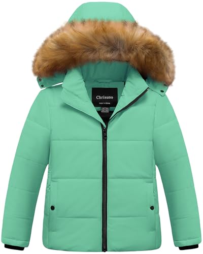 Chrisuno Winter Coats For Girls Fleece Lined Waterproof Puffer Coat Girl's Warm Windproof Insulated Hooded Puffy Jacket Mint Green 6-7