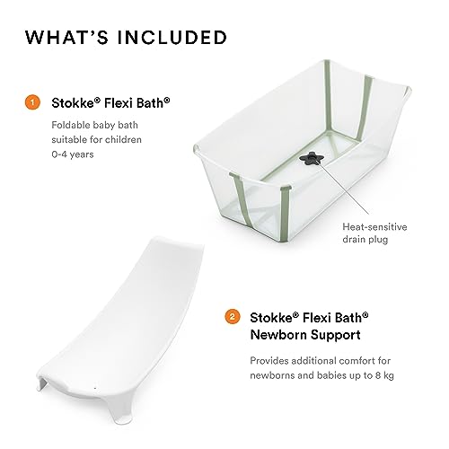 Image of Stokke Flexi Bath Bundle, Transparent Green - Foldable Baby Bathtub + Newborn Support - Durable & Easy to Store - Convenient to Use at Home or Traveling - Best for Newborns & Babies Up to 48 Months