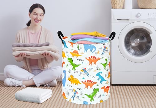 Image of Round Dinosaur Pattern Laundry Hamper Clothes Storage Basket Fabric Storage Hamper Organization Storage Bin, Nursery Box,Gift Basket with Handles