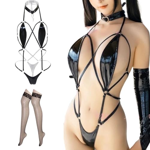 [MORApink] ボンテージ セクシー コスプレ 小悪魔 女性用 エナメル 光沢 マイクロビキニ 水着 過激 黒 コスチューム 衣装 網タイツ ストッキング セット - 画像1