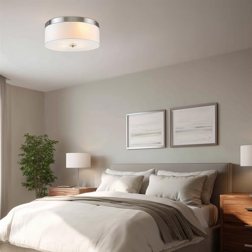 Kira Home Walker 15" Modern Drum Flush Mount Ceiling Light, White Fabric Shade with Frosted Glass Diffuser, 3-Light Close to Ceiling Fixture, Brushed Nickel Finish by Kira Home - Used condition - Image 4