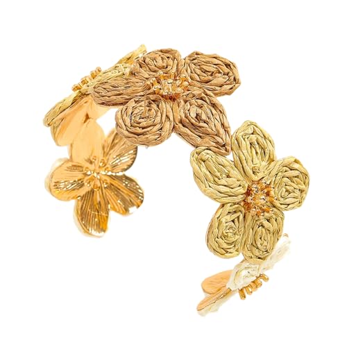 [�C���X�N] Handmade Raffia and Alloy Floral Lightweight Jewelry Elegant Wrist Jewelry Accessory for Everyday Wear Retro Braided Flor