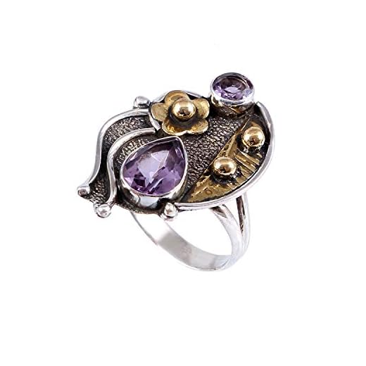 Naturlig ametist prydd 925 sterling silverring | vacker lila statement blomma ring | Storlek 7,5 US | Tårformad ädelsten | handgjord bit | 2 ädelstenar