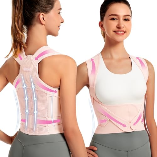 SHAPERKY Posture Corrector for Women for Support: Back Brace for Full Back Support - Adjustable Shoulder Straightener for Women and Men (Pink, L)