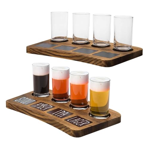 MyGift Beer Flight Board Sampler Set with 4 Tasting Beer Glasses, Brown Wood Serving Tray and Chalkboard Labels, Set of 2