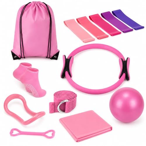 Kmjuix Pilates Kit for Women, 13 Piece Home Workout Starter Set with 14 Inch Ring, Mini Ball, 5 Resistance Bands, Yoga Socks, Stretch Strap and Carry Bag for Core Strength, Toning, Flexibility