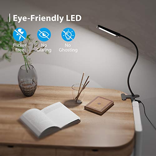 TROND LED Desk Lamp with Clamp, 3-Level Dimmable Desk Light 6000K Daylight Ultra Thin Extension Cord with 2 USB-A and 1 USB-C Port, 5FT F...