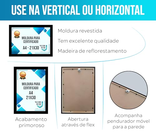 Kit 5 Porta Certificados Moldura A4 para Foto Decoração (Preto)