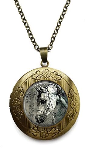Vintage Bronze Tone Locket Picture Pendant Necklace Horse Nature Animal Black and White Included Free Brass Chain Gifts Personalized