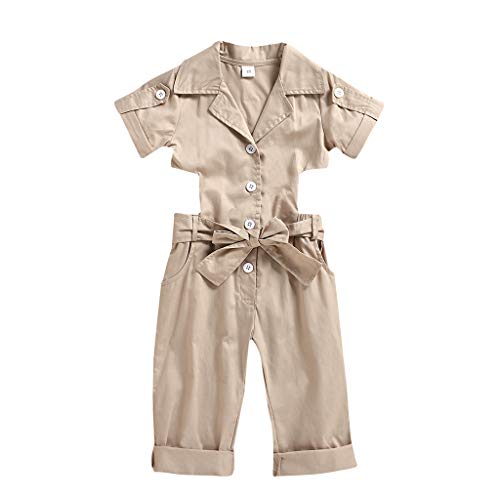 Toddler Baby Girls Summer Clothes Jumpsuit for 1-5 Years Old Kids Short Sleeve Button Overalls Rompers Khaki