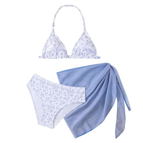 Conjunto de bikini de 3 piezas con estampado floral para niñas, con pareo de playa, cuello halter, traje de baño para adolescentes de 7 a 12 años, para viajes a la playa, piscina, natación, niños
