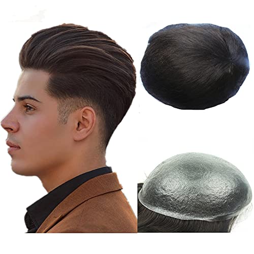 NLW Peluca para hombres de 0.06mm Piel delgada de cuero de la PU V-Loop Nudos Pelucas Natural Europea Real Base de pelo humano 8*10 pulgadas Estilo libre Densidad media 110%(2 marrón oscuro) Cover
