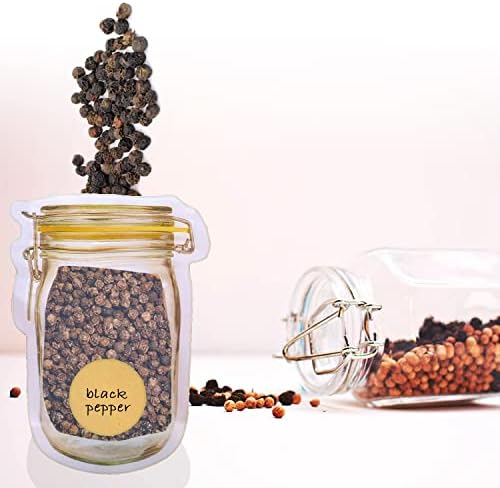 [30 Bags + 60 Labels] - Welhore Fashion Small Reusable Bags Type Mason Jar - Hermetic Bag Container For Food, Snacks, Spices - Transparent Center And Yellow Label | Storage Bags For Travel Or Cupboard