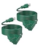 DEWENWILS 25 FT Green Outdoor Tri-Tap Extension Cord Splitter, Weatherproof 16/3 SJTW Power Cable for Holiday Decoration and Landscaping Lights, UL Listed, Pack of 2