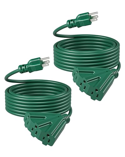 DEWENWILS 25 FT Green Outdoor Tri-Tap Extension Cord Splitter,Halloween Weatherproof 16/3 SJTW Power Cable for Outdoor String Light, Holiday Decoration and Landscaping Lights, ETL Listed, Pack of 2