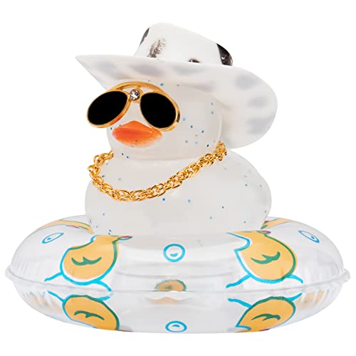wonuu Rubber Duck Ornament Dashboard Decorations for Car Accessories with Swim Ring Sunglasses Hat and Necklace, C_White Black Spot Cowboy Hat&Transparent