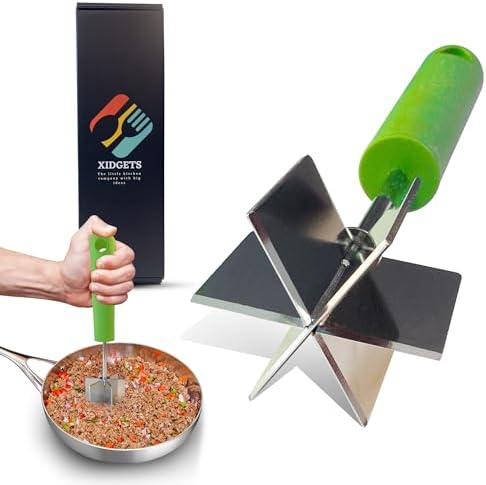 Stainless Steel Meat Masher and Tenderizer with Soft Grip Handle – Heavy Duty Handle & Mashing Head for Ground Beef, Meat, and More – Mighty Meat Masher by Xidgets (Zippy Green)