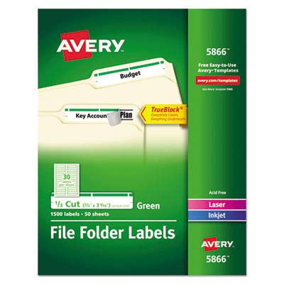 Permanent Filing Labels, 1/3 Cut, 1500/BX, Green