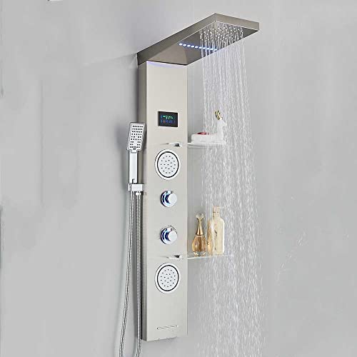 Liujun Led Light Lcd Shower Faucet Bathroom Spa Massage Shower Column System Waterfall Rain Shower Panel With Shelf Tap #TOP24