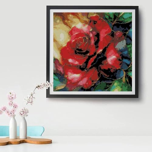 Image of Rose Flowers Stamped Cross Stitch Kits, Embroidery Starter Kit for Adult Beginners, 11CT Cross-Stitch Patterns Dimensions Kit Arts,Needlepoint Kit Crafts for Home Decor 13.7 x 13.7 inch