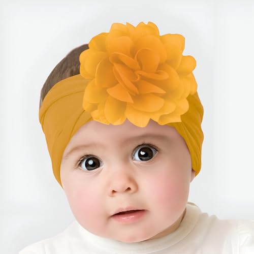 Image of SYGA Baby Headbands Nylon Flower Soft Stretchable Hairband for Newborn Infant Toddler Kids For 0-3 Year - Khaki Yellow