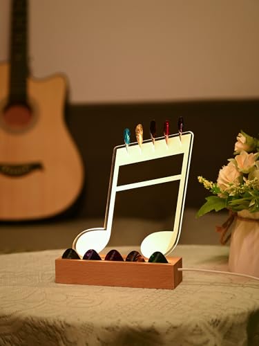 Light Up Guitar Pick Holder—Note-Shaped Cool Gifts for Music Lovers,Acrylic Guitar Pick Display and Storage With Wooden Base，Unique Guitar Accessories