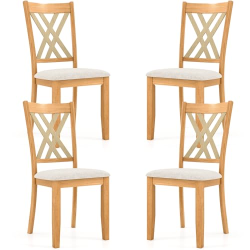 Image of COSTWAY Wooden Dining Chairs Set of 4 with Fabric Padded Seat, Natural | Farmhouse Armless Kitchen Side Chair with Rubber Wood Frame & High Back for Dining Room, Living Room and Restaurant