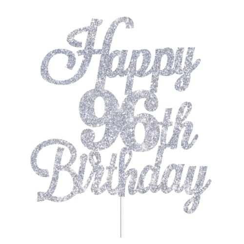 Happy 96th Birthday Cake Toppers Silver Glitter, Cheers to 96 Years Old Bday Decoration 96th Anniversary Cake Topper, Ninety-six Theme Cake Decorations for Birth Anniversary Party