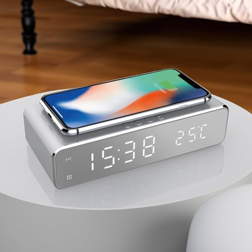 RED5 10W Silver Wireless Charging Alarm Clock - Multifunction Digital Dock