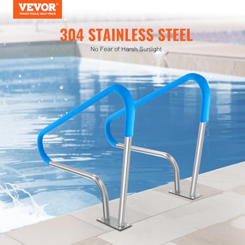 Image of VEVOR Pool Handrail, 2 PCS 48x36in Railing, Stainless Steel with Base Plate for Indoor /Outdoor Pools, Safety Railing for Decks, Rust-Proof Grab Bar w /Grip Cover & Accessories for Spas