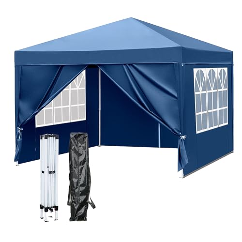 FIESPGUE 10x10 Pop Up Canopy Tent with Sidewalls, 5-Minute Setup, Snap-On Design, Heavy Duty Steel Frame, Waterproof & UV Protection for Outdoor Market, Beach, Camping, Backyard Party (Blue)