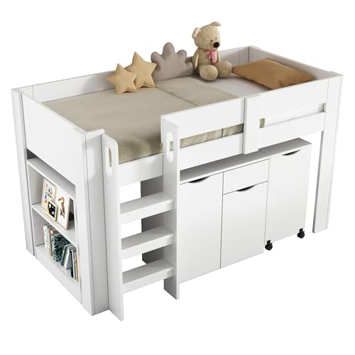 WEALTHOUSE Moderna cama alta con espacio de trabajo funcional, silla tapizada de poliuretano, módulo de cajón, estantería libre, mesa extensible, material MDF, marco de listones reforzados