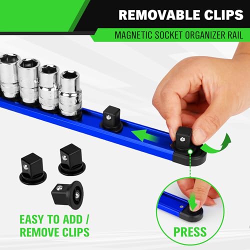 1/2-Inch Magnetic Socket Organizer Rail, Aluminum Alloy Socket Rail, Heavy Duty Sockets Holder with 12 Clips, 360° Swivel Clip Tool Tray, Sockets Organizer for Tool Box Drawer (Blue) thumbnail 4