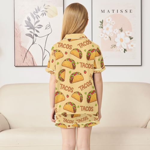 Satin Pajama Sets Short Sleeve Yummy Tacos Cartoon Button Down Silky Nightwear 2 Piece PJS 5-14Y4