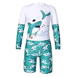 inlzdz Jungen Badeanzüge UV-Schutz Einteiler Badeanzug Kurzarm/Langarm Badeshirts mit Hai- / Dinosaurier Muster Kinder Bademode Surfenanzug Schwimmanzug Gr.86-110 c_Grün 134-140
