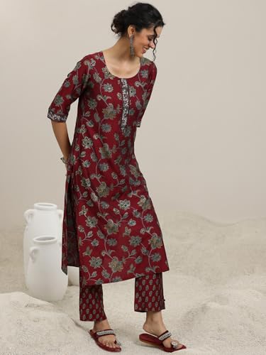 Image of Libas Womens Printed Silk Blend Straight Kurta With Trousers and Dupatta | daily wear suit