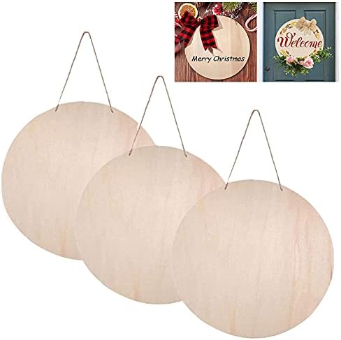 3PCS Unfinished Hanging Wood Sign Blank, 30cm Unfinished Circle Plaque Home Decor DIY 2 Holes Round Blank Wood Hanging Sign Banners Personalised Signs and Plaques with Twine,Ribbons,Artificial Leaves