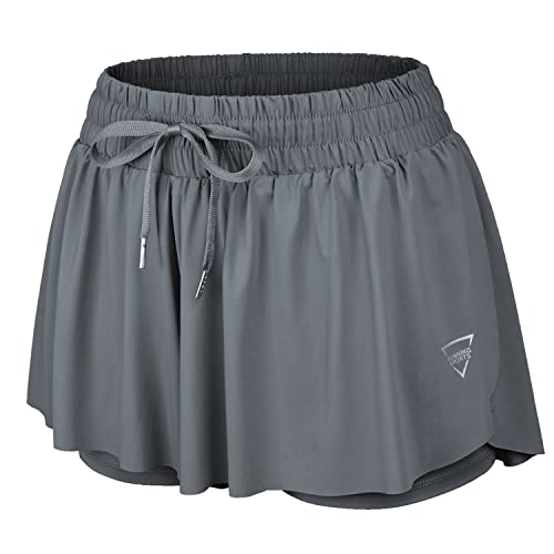 YYV Damen 2-in-1 Flowy Running Shorts Hohe Taille Gym Yoga Tennis Röcke Workout Biker Shorts mit Tasche, grau, Groß Cover