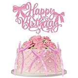 Bow Themed Happy Birthday Cake Topper Decor with 6 Pink Twist Tie Bows, 6.6 x 4 Inches Glittery Pink Bowknot Cupcake Sign Toppers Decorations for Coquette-Style Birthday Party Supplies