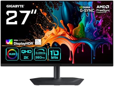 Gigabyte MO27Q3 Monitor Gaming OLED 27” QHD - 2560 x 1440, 360Hz, 0.03ms, 250 cd/m², G-Sync Compatibile, FreeSync Premium Pro, Display HDR True Black 400, HDMI 2.1, DisplayPort 1.4