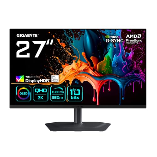 GIGABYTE MO27Q3 Monitor Gaming OLED 27” QHD - 2560 x 1440, 360Hz, 0.03ms, 250 CD/m², G-Sync Compatible, FreeSync Premium Pro, Display HDR True Black 400, HDMI 2.1, DisplayPort 1.4