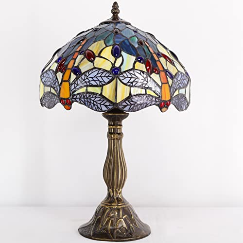 WERFACTORY Tiffany Lamp Sea Blue Yellow Stained Glass Dragonfly Style Table Lamp Nautical Reading Desk Bedside Light 12X12X18 Inches Decor Bedroom Living Room Home Office S128 Series