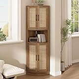 HOKYHOKY Tall Corner Cabinet, 64.7' Rattan Corner Storage Cabinet with 4 Doors and 5 Storage Shelves, Farmhouse Space Saver, Boho Shelf for Living Room, Kitchen, Bathroom, Office