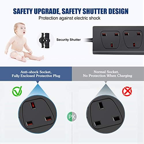 ExtraStar 4 Way Extension Lead with 2 USB Slots, 13A UK Plug Extension, Wall Mounted Power Strips with 5M/16.4FT Extension Cable - Black
