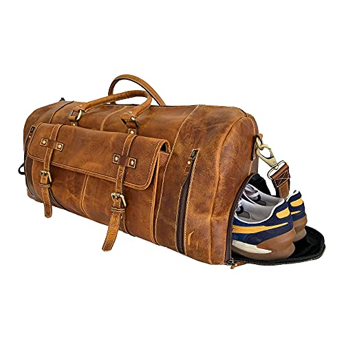 KomalC Leather Duffel Bags for Men and Women Full Grain Leather Travel Overnight Weekend Leather Bags Sports Gym Duffel for Men (24 Inch)